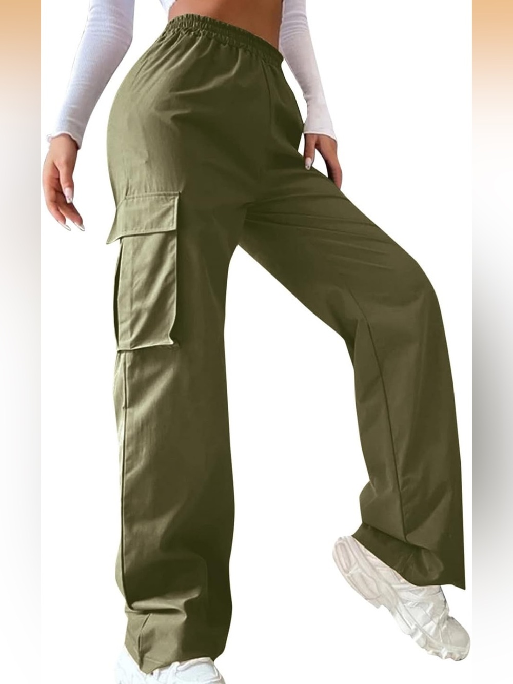 Women Cargo Pants High Waisted Straight Leg Baggy Y2K Trousers Light Olive XL